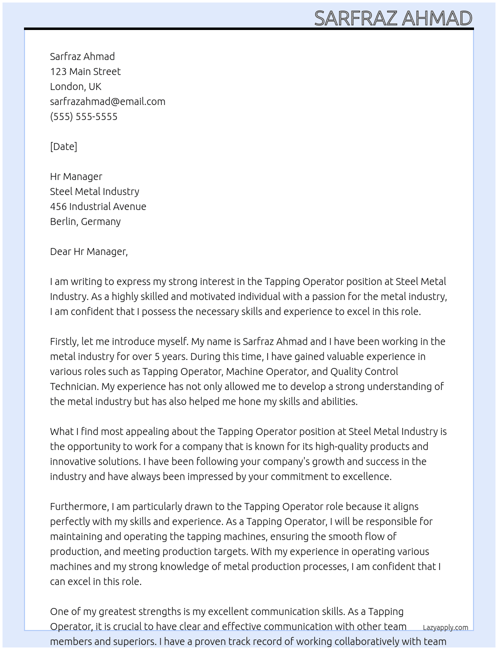 Tapping operator At Steel metal industry Cover Letter