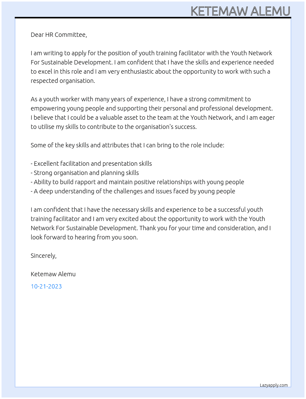 youth training facilitator At Youth Network For Sustainable Development  Cover Letter