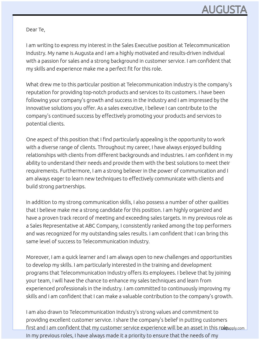 Sales executive At Telecommunication industry Cover Letter