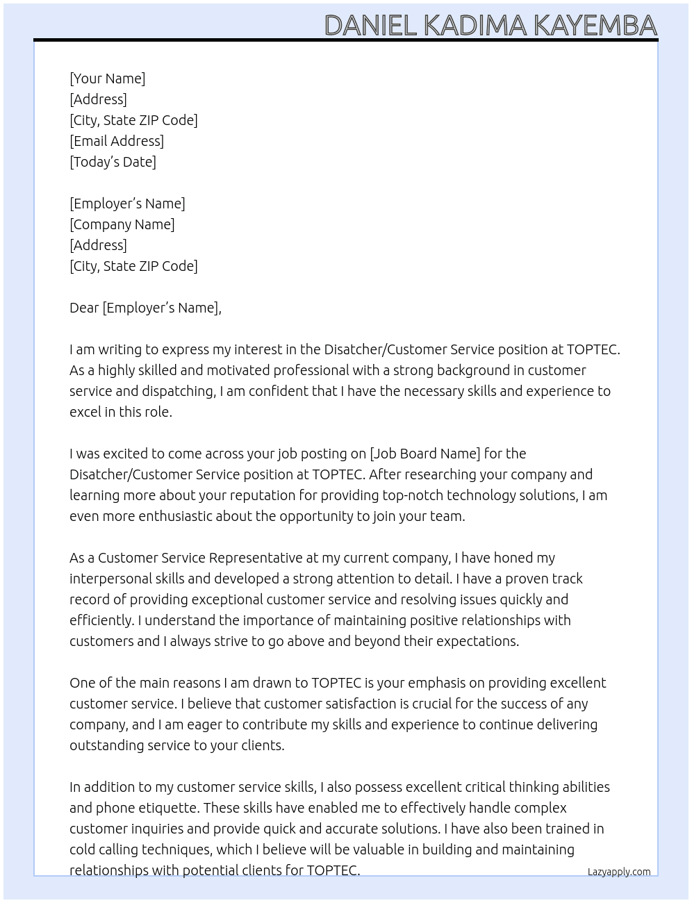 Disatcher/Customer Service At TOPTEC  Cover Letter