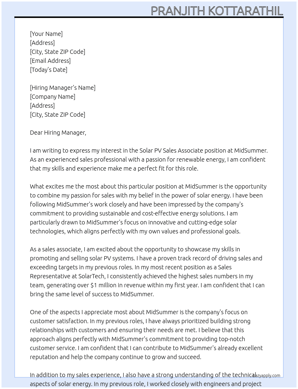 Solar PV Sales Associate At MidSummer Cover Letter