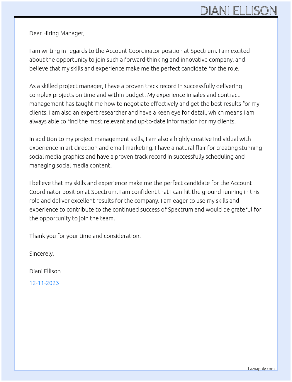 Account Coordinator At Spectrum Cover Letter