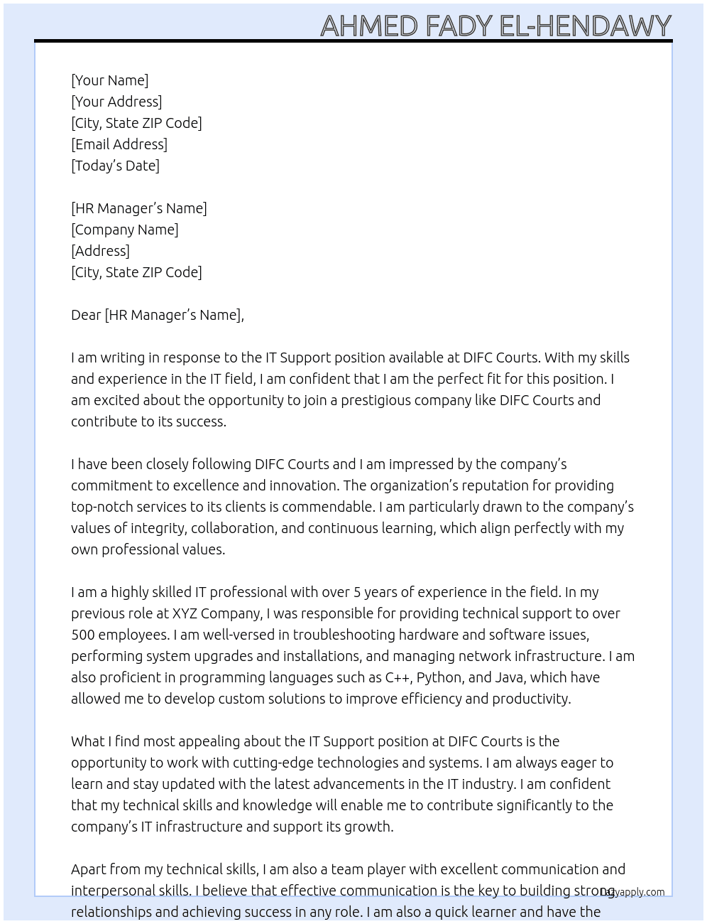 IT Support  At DIFC Courts Cover Letter