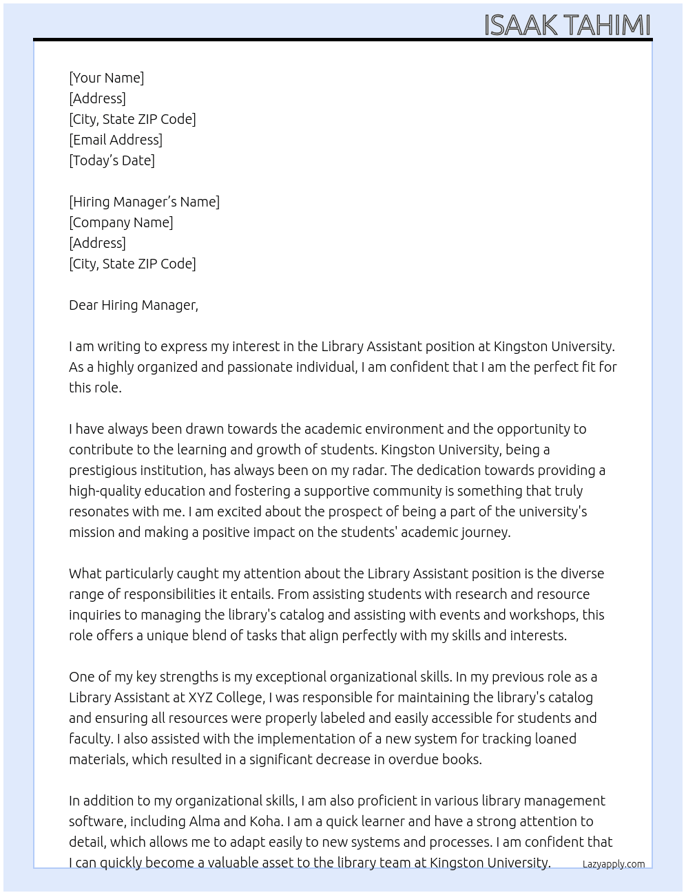 Library Assistant  At Kingston university Cover Letter