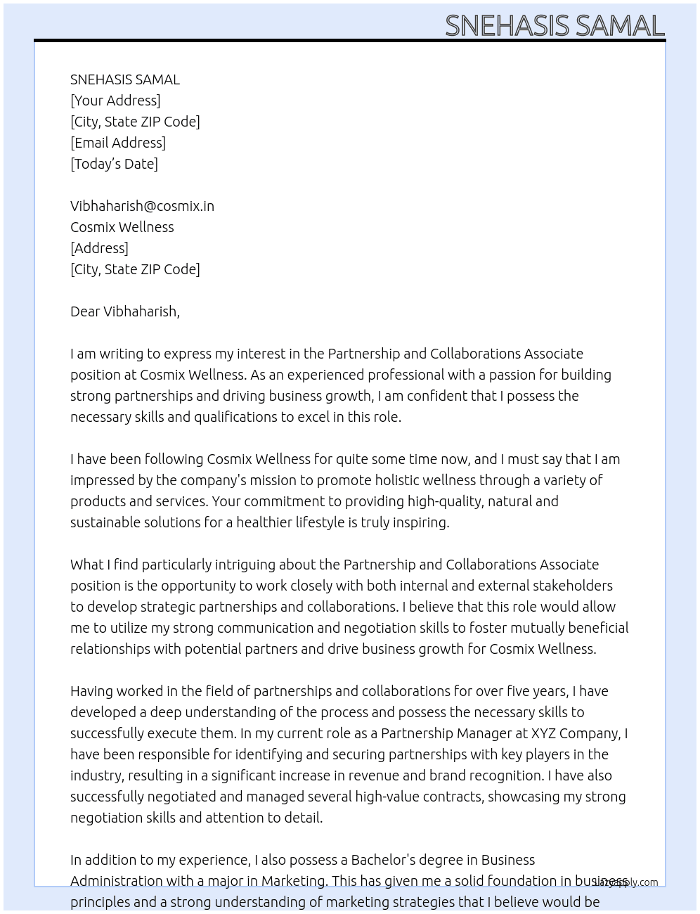 partnership and collaborations associate At cosmix wellness Cover Letter