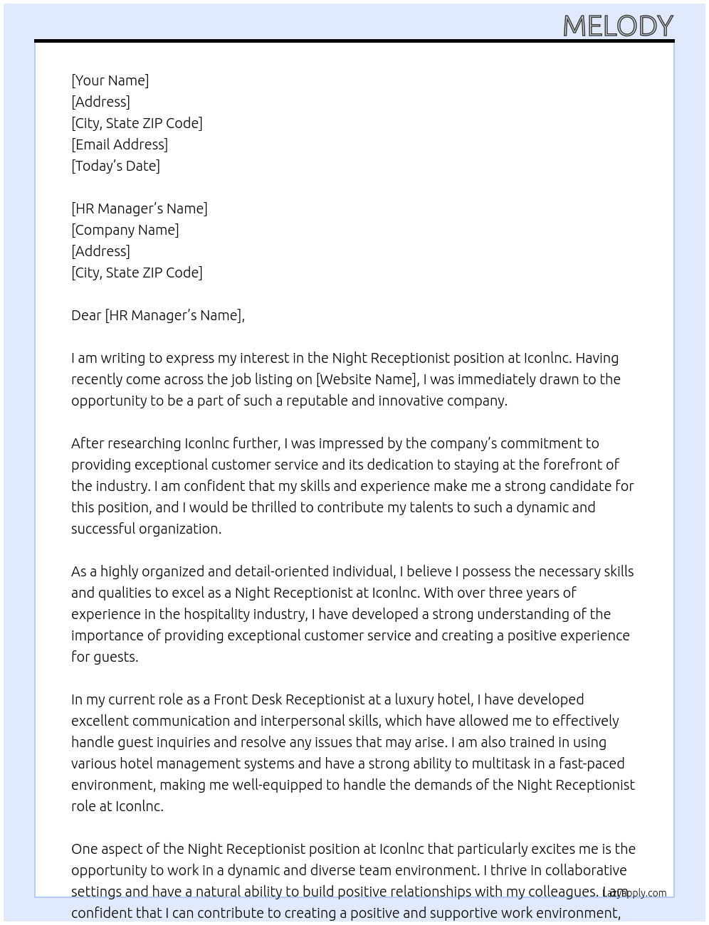 Night Receptionist At Iconlnc Cover Letter