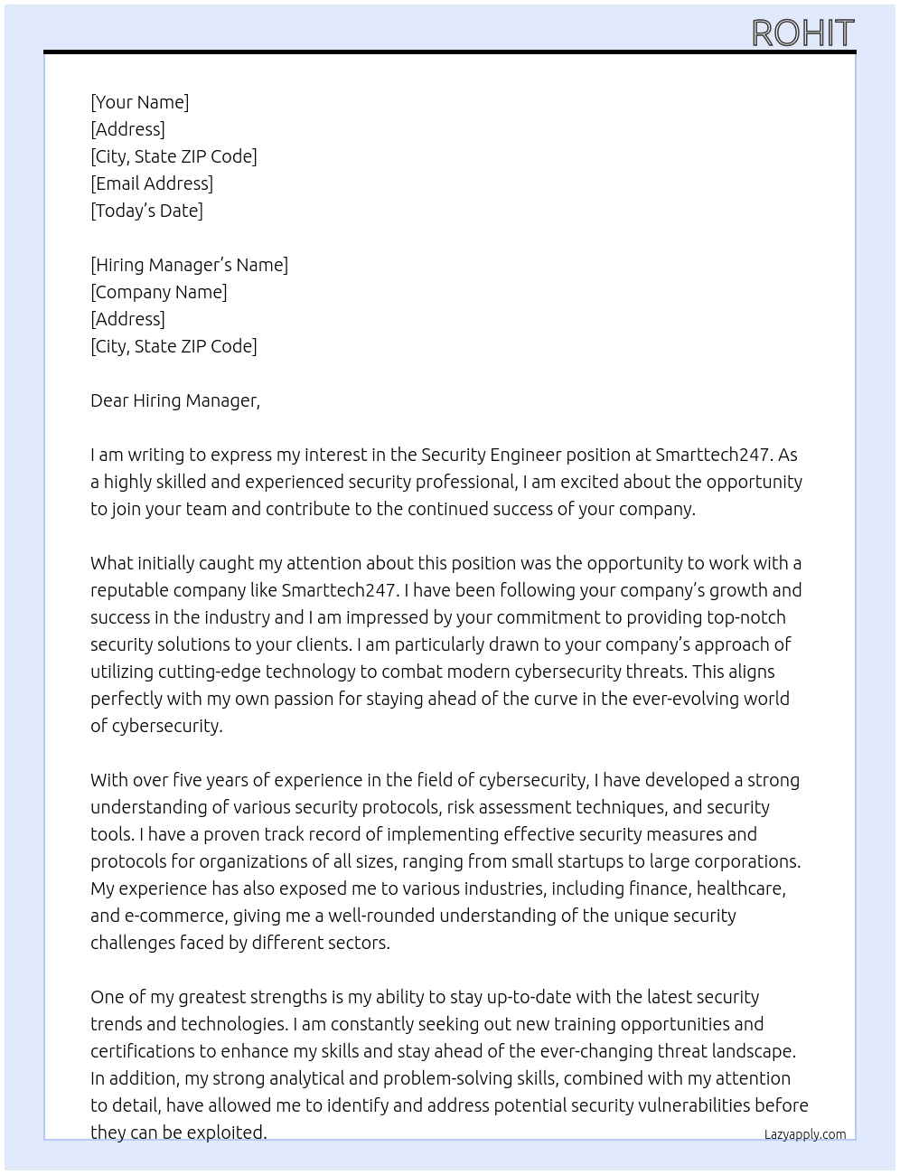 Security Engineer At Smarttech247 Cover Letter