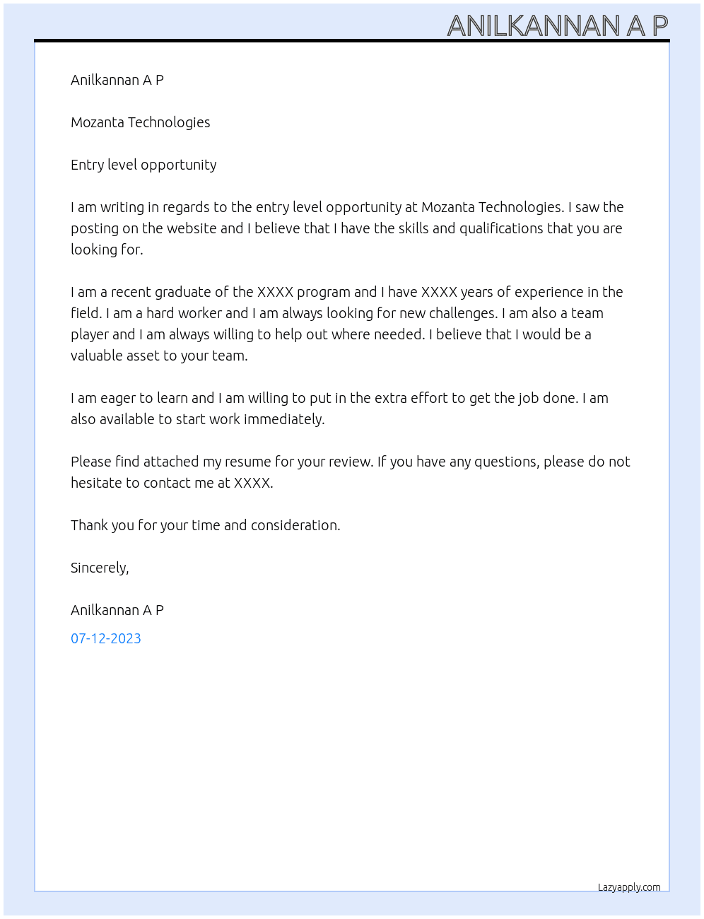 Entry level opportunity At Mozanta Technologies Cover Letter
