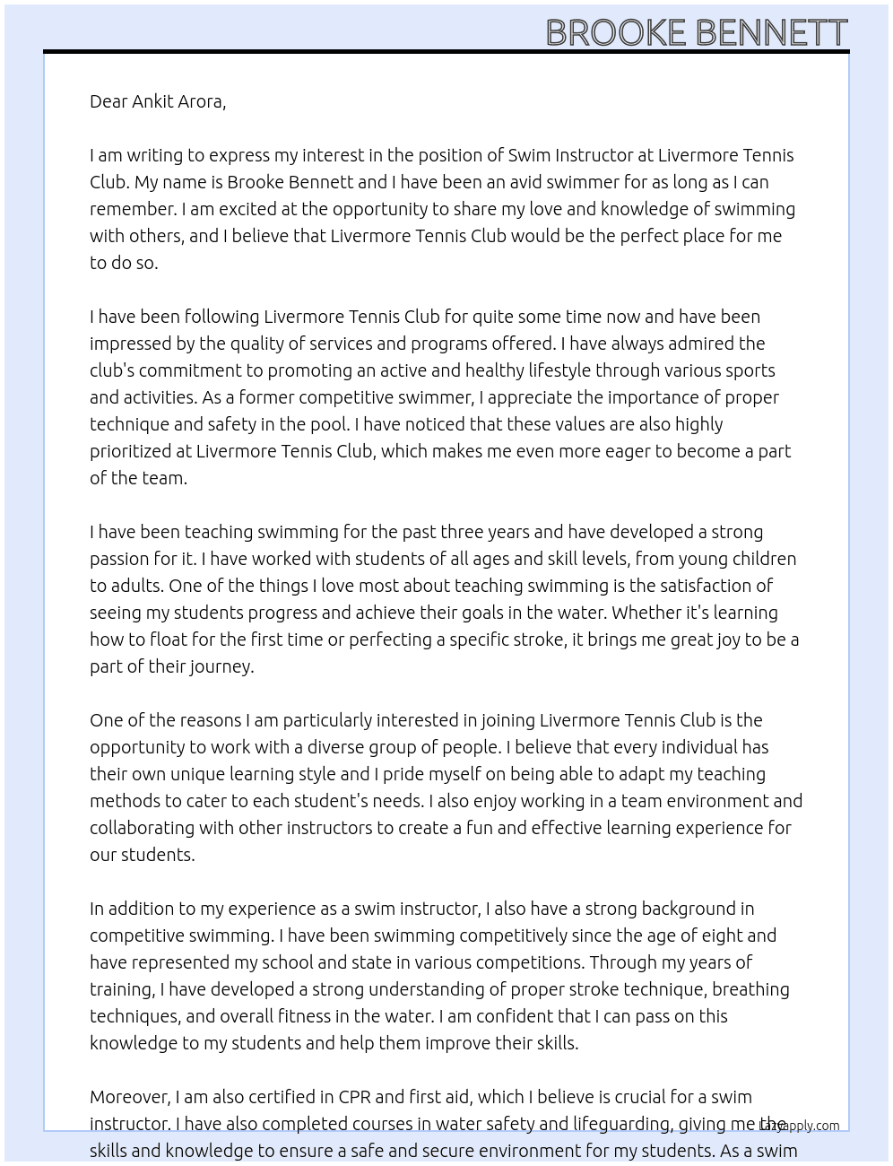 Swim instructor At Livermore Tennis Club Cover Letter