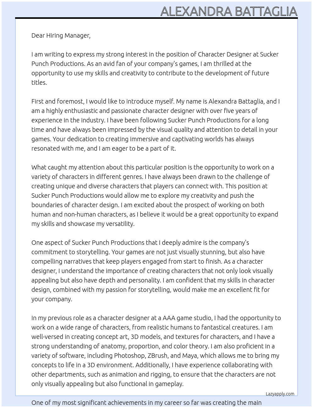 Character Designer At Sucker Punch Productions Cover Letter