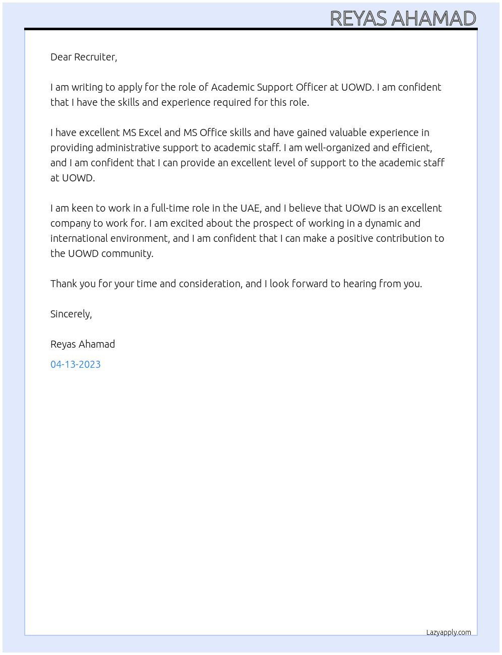 Academic Support Officer At UOWD Cover Letter