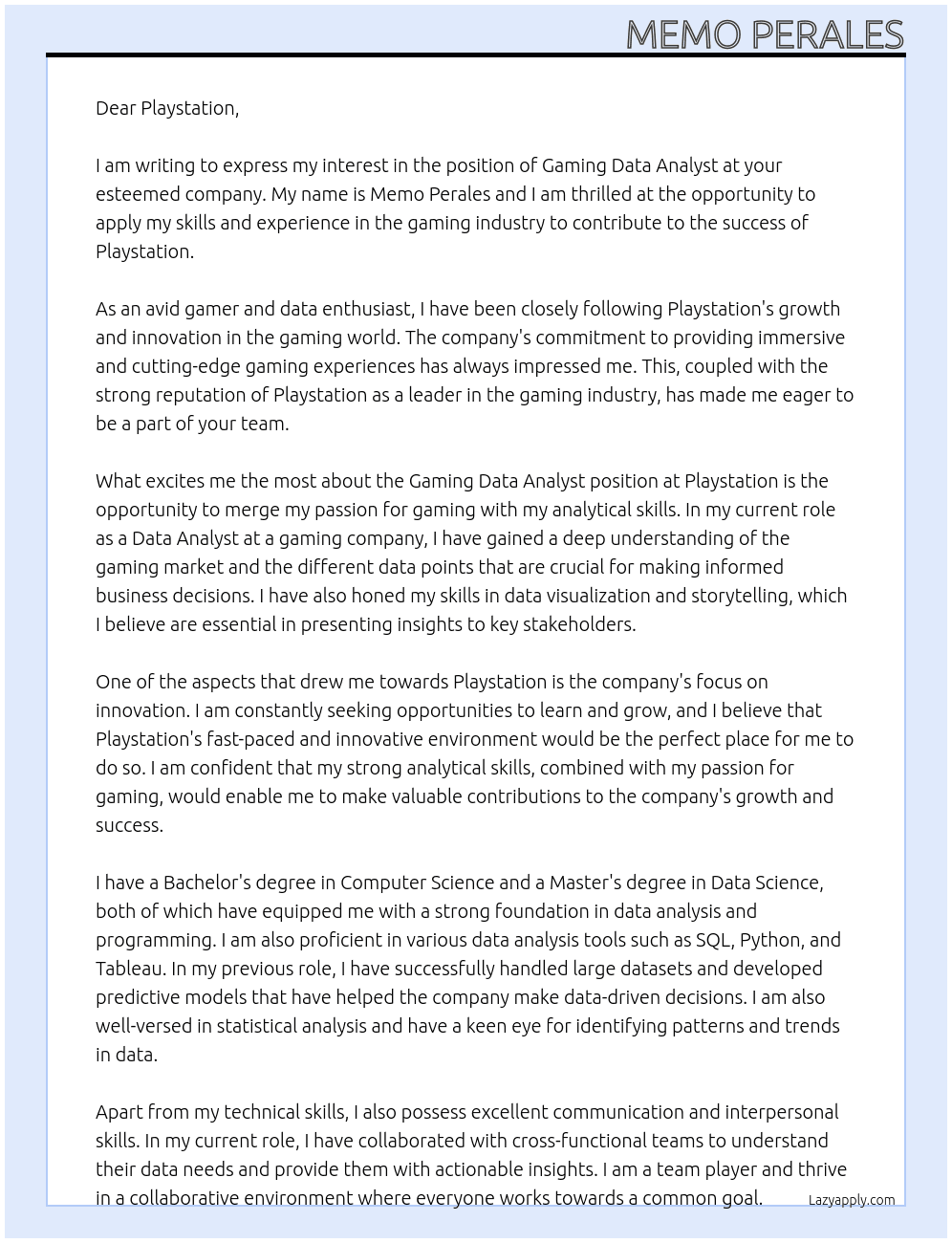 Gaming data analyst At Playstation Cover Letter