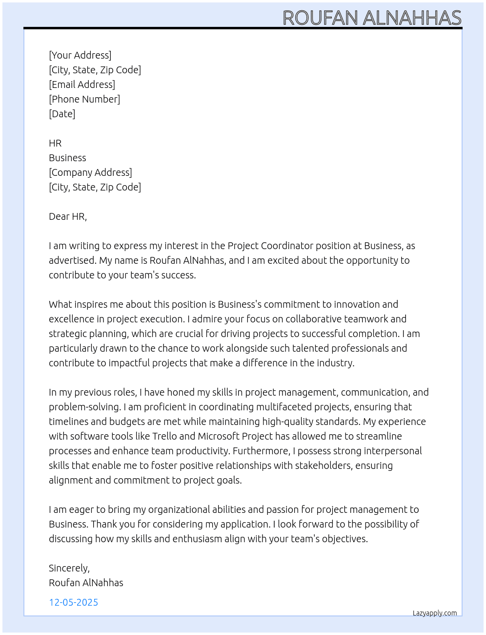 project coordinator At Business  Cover Letter