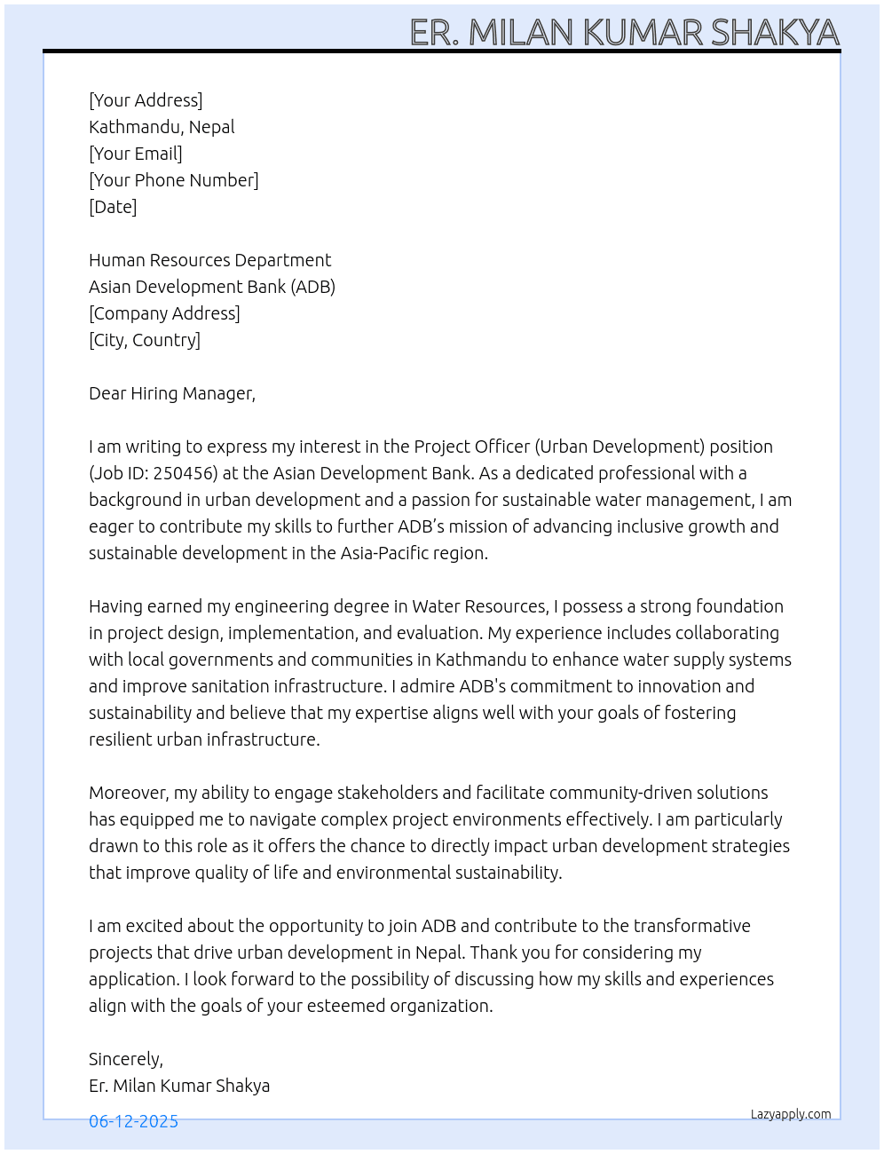 Project Officer (Urban Development) -250456 of ADB At Asian Development Bank Cover Letter