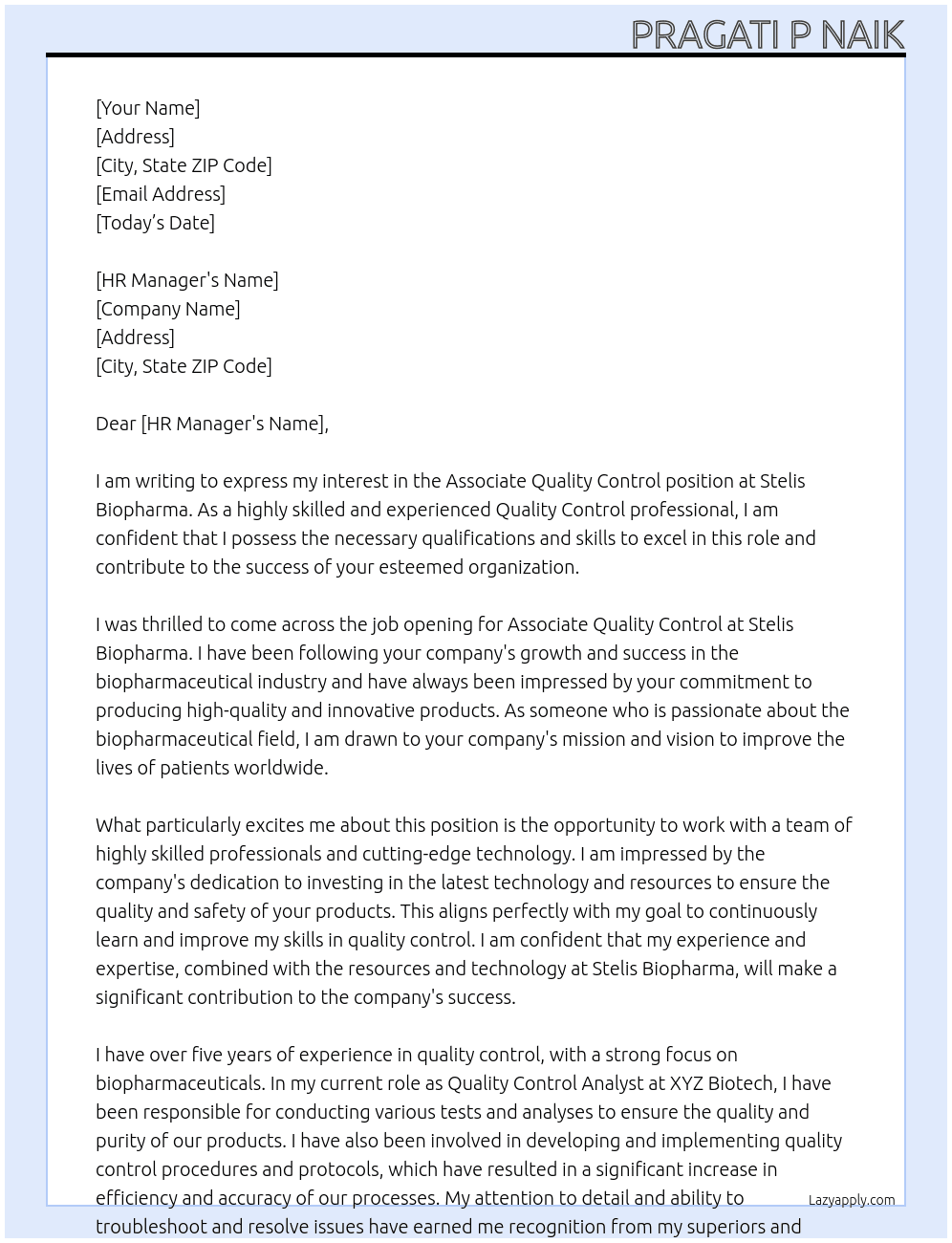 Associate Quality Control At Stelis Biopharma Cover Letter