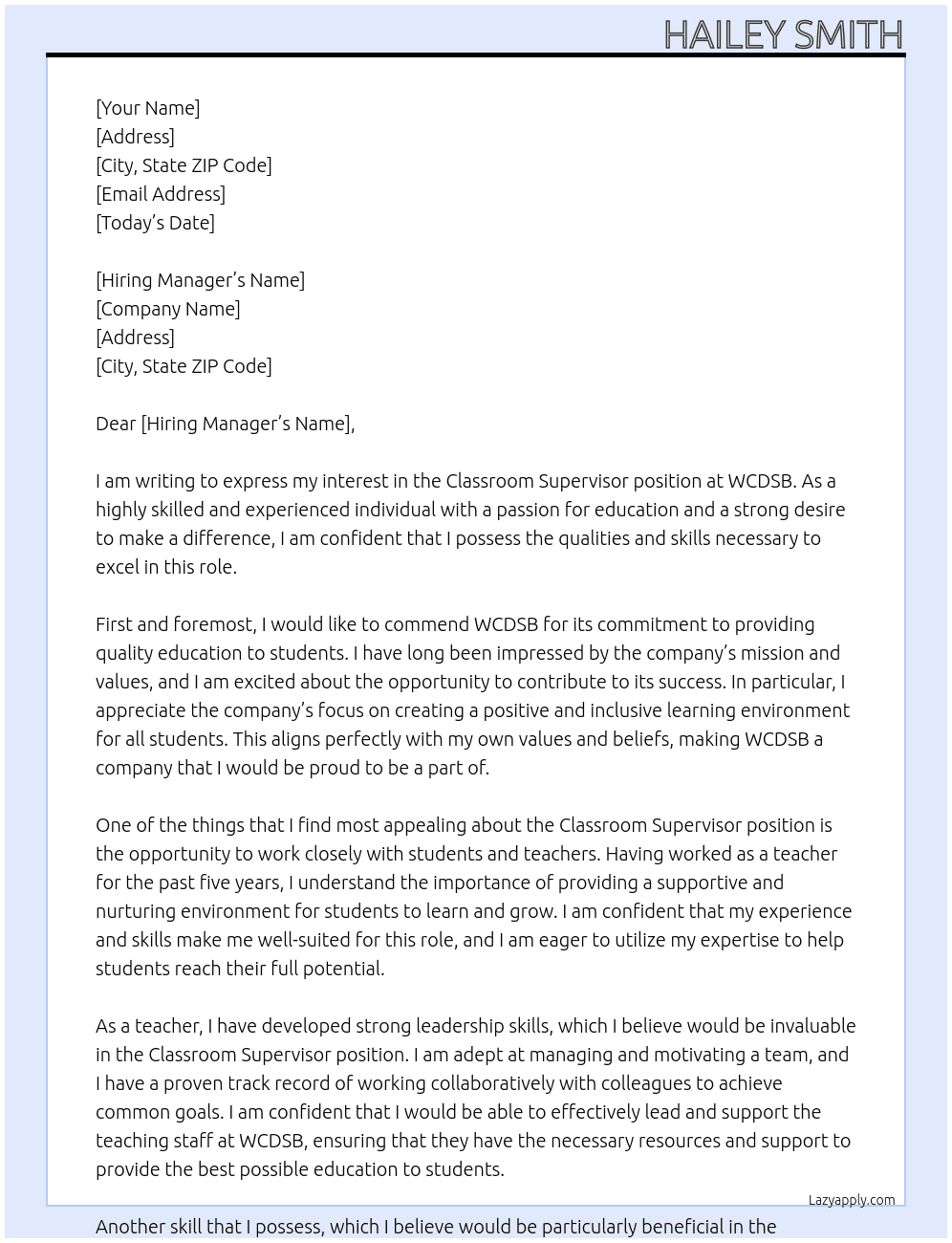 Classroom Supervisor At WCDSB Cover Letter