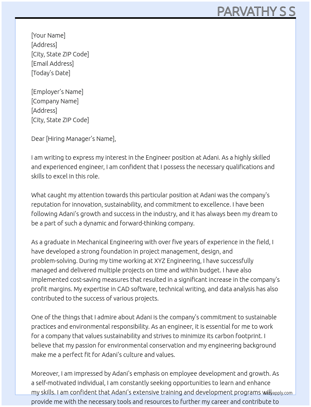 engineer At adani Cover Letter
