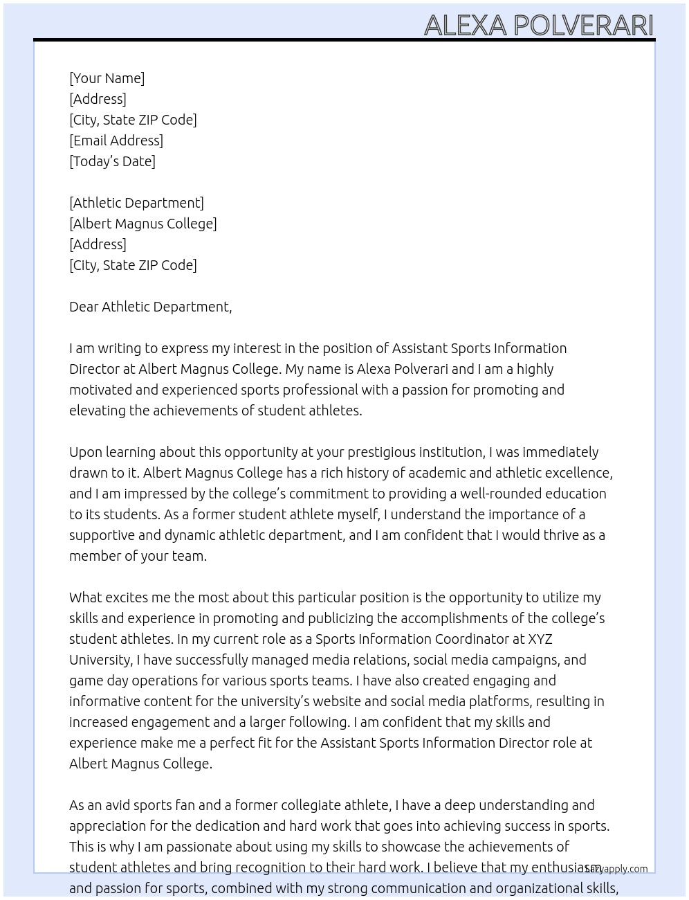 Assistant Sports Information Director At Albert Magnus College Cover Letter