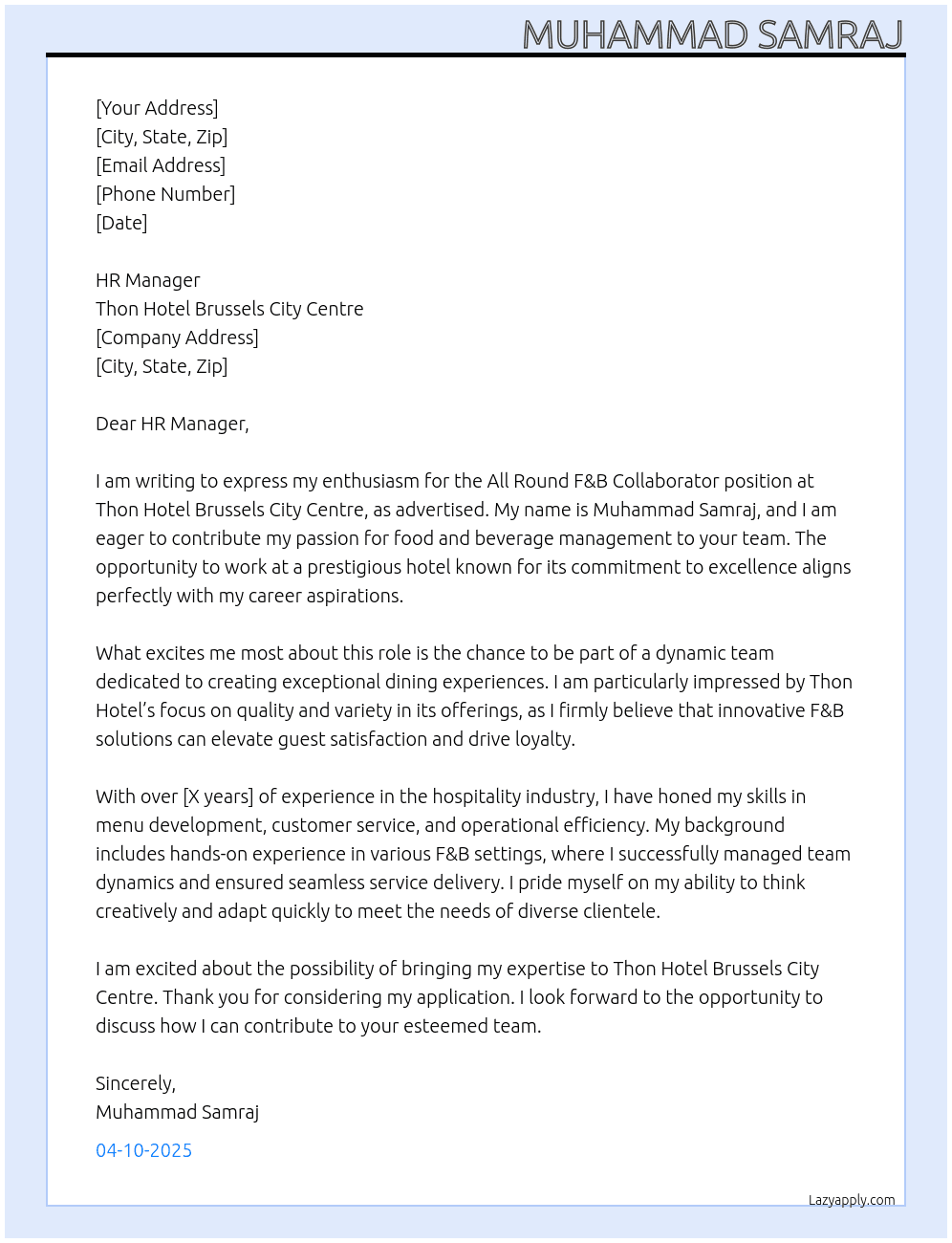 Cover letter for all round f&b collaborator - LazyApply