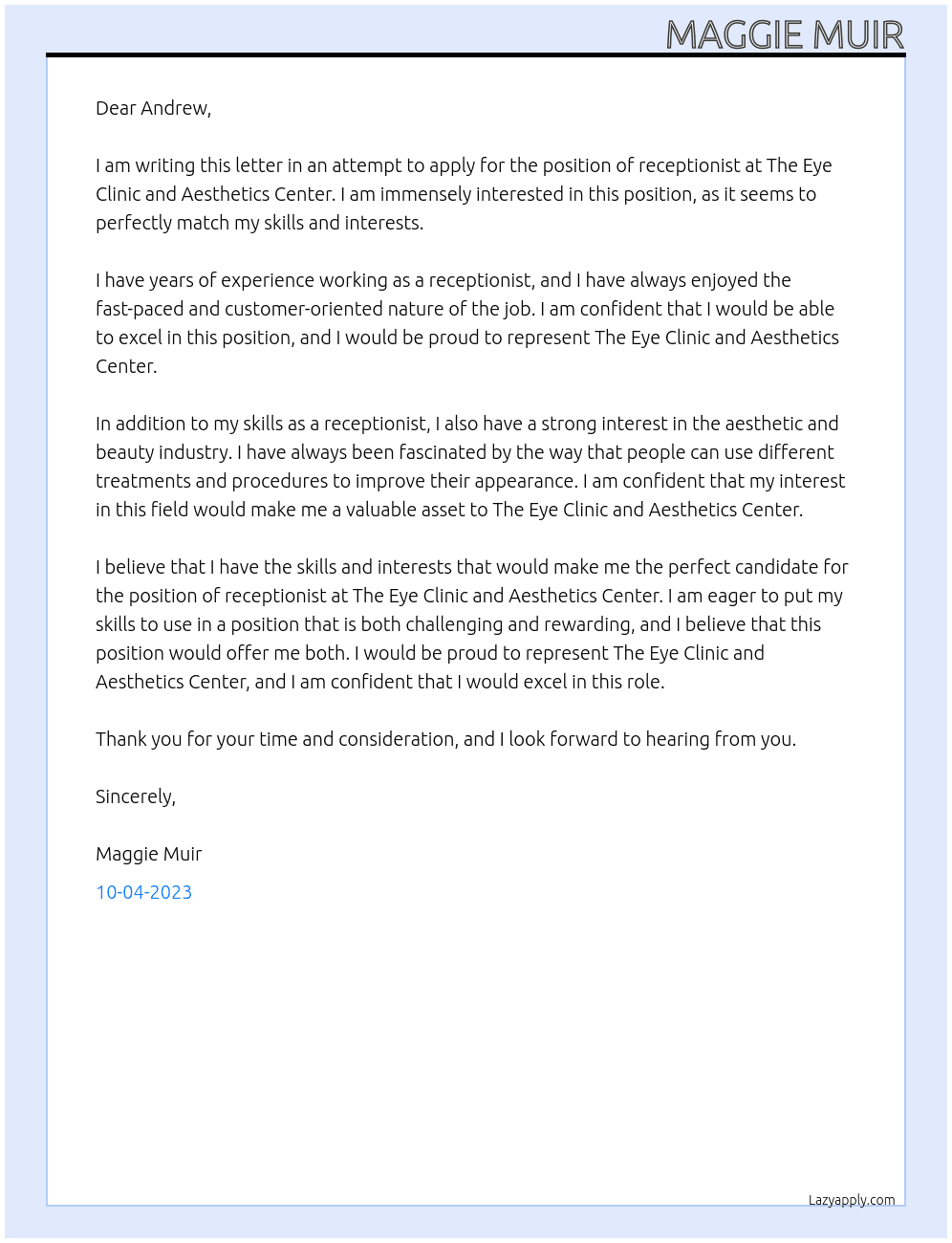 Receptionist At The Eye Clinic and Aesthetics Center Cover Letter