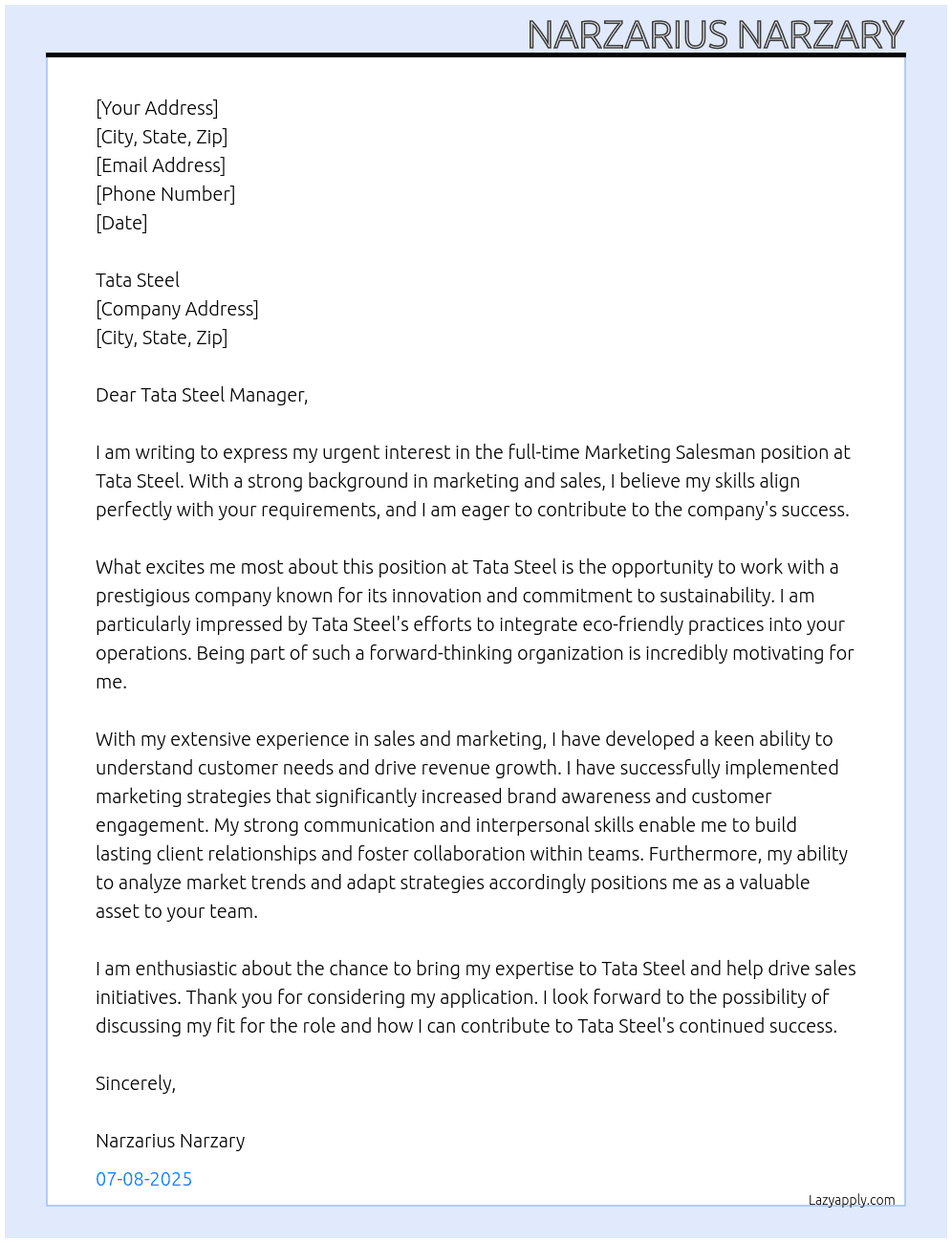 Cover letter for tata steel company - LazyApply
