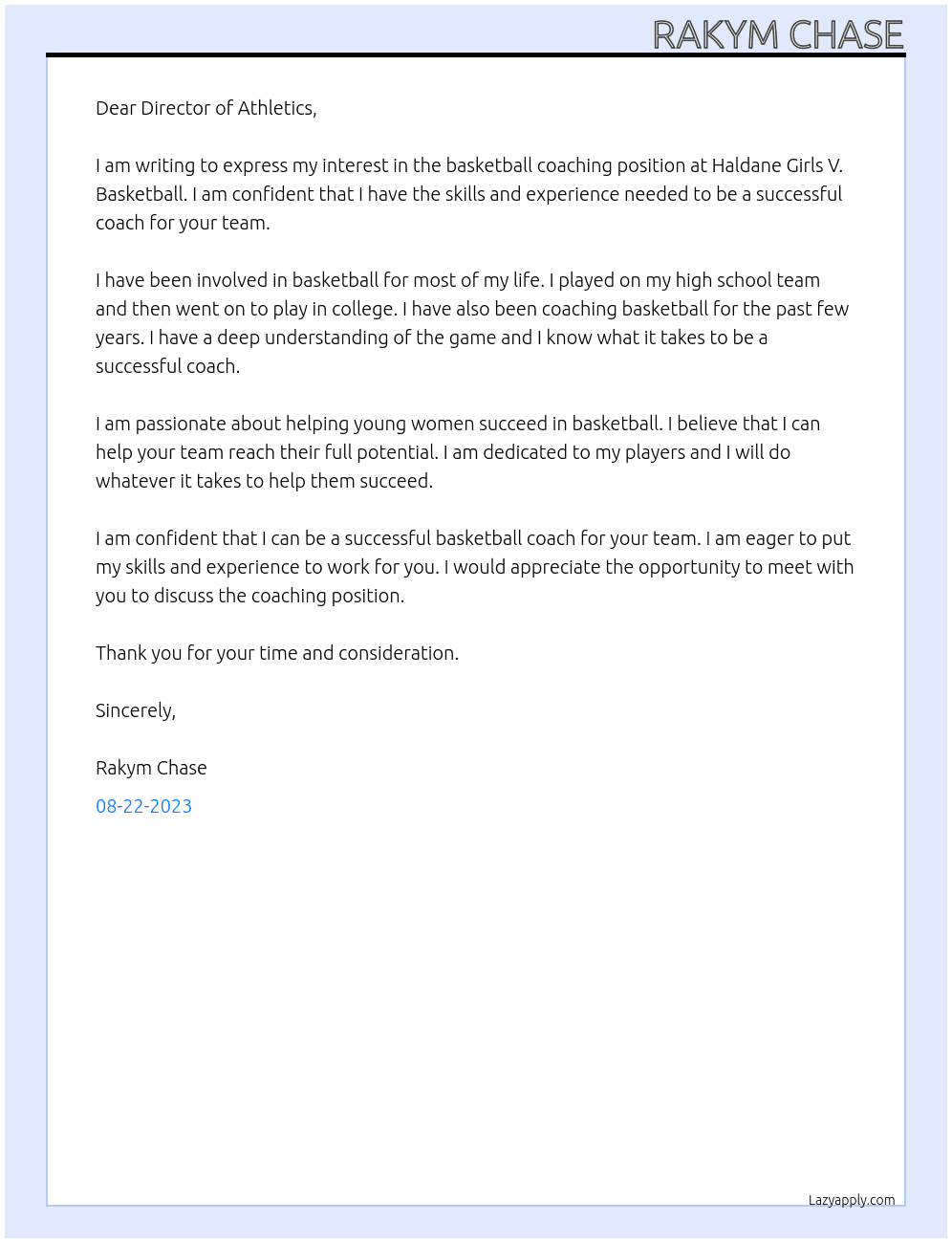 Basketball Coach At Haldane Girls V. Basketball Coach Cover Letter