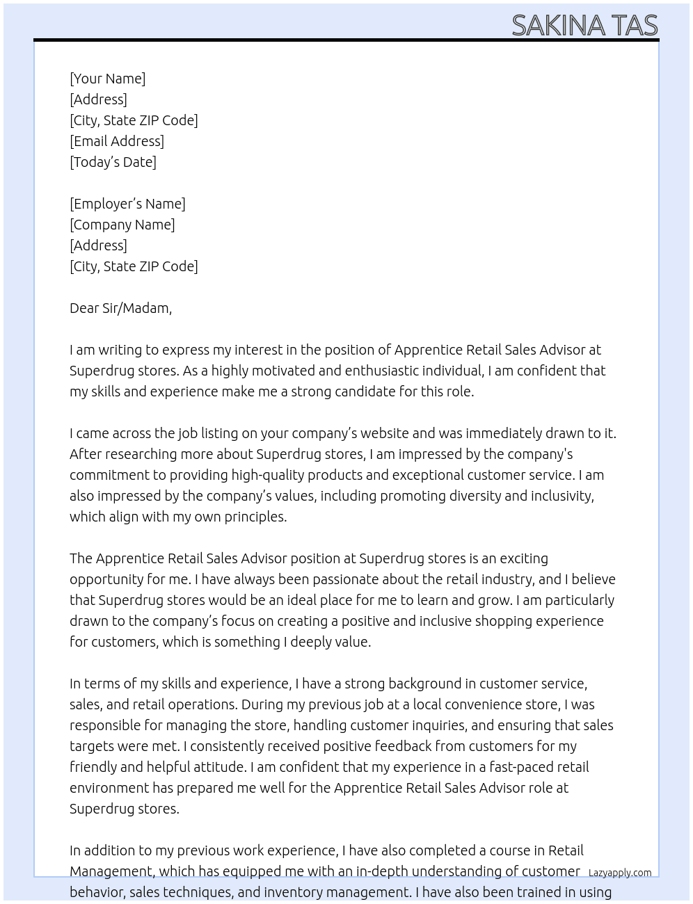 Apprentice Retail Sales Advisor At Superdrug stores Cover Letter