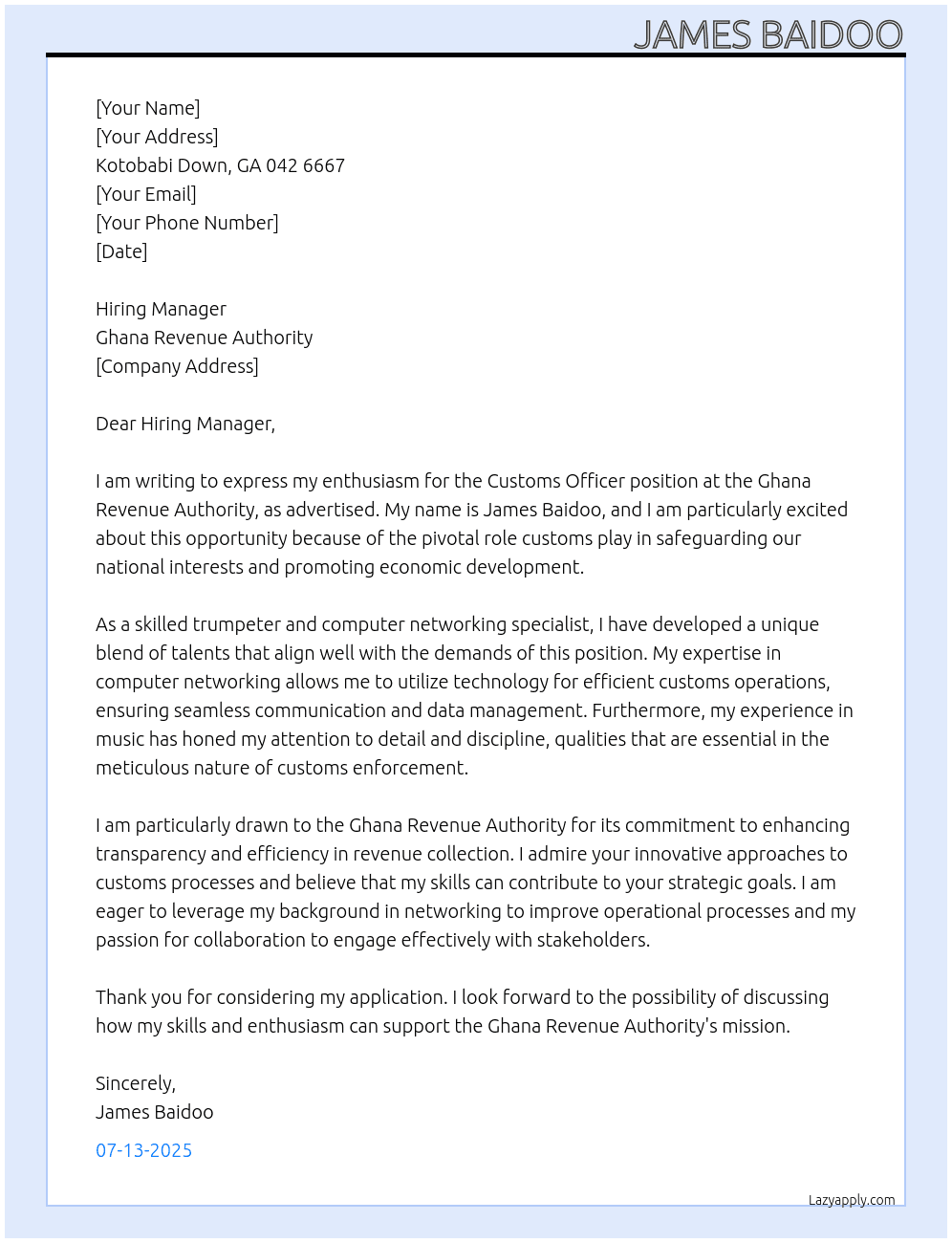 Cover letter for customs officer - LazyApply