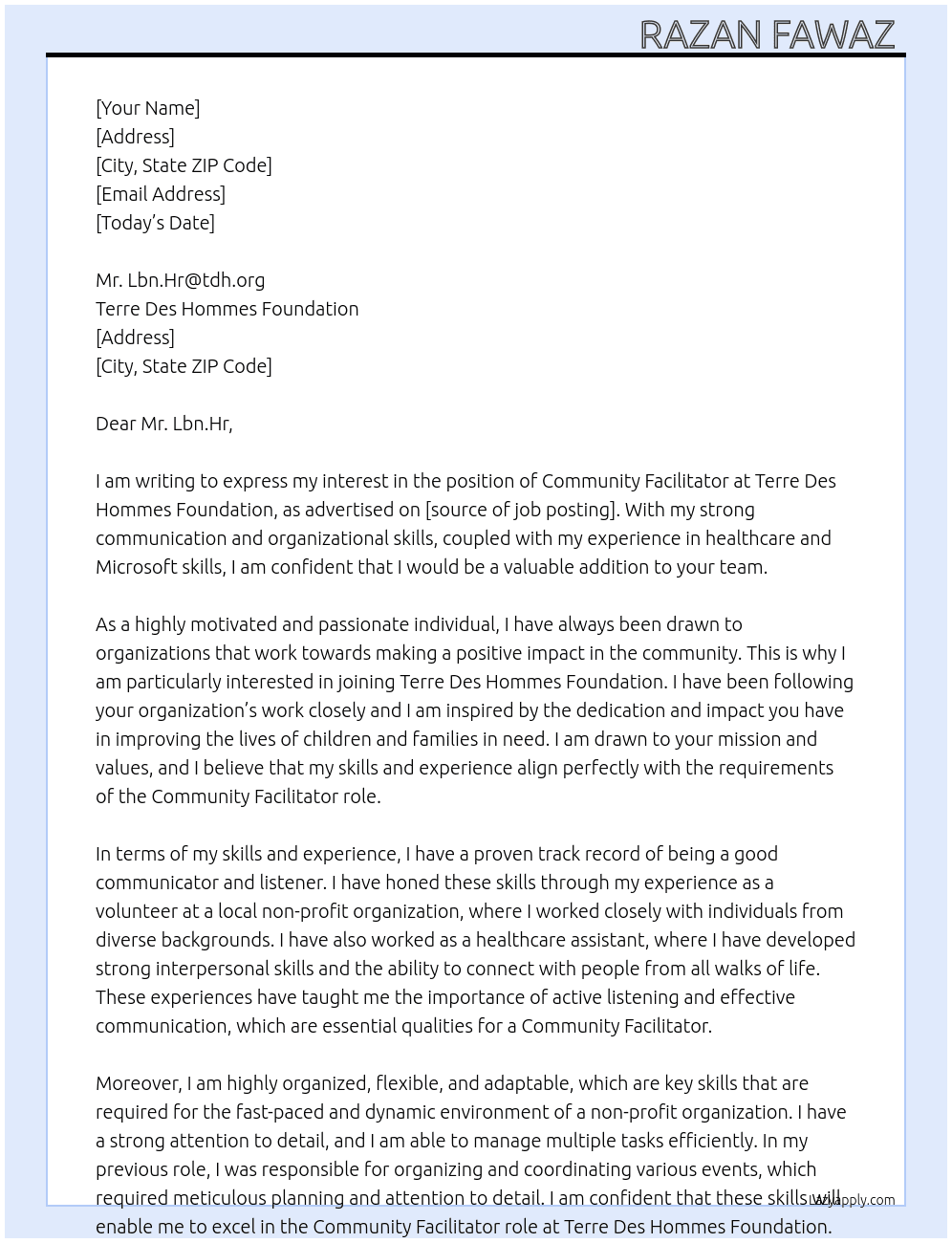 Community Facilitator  At Terre Des Hommes Foundation Cover Letter