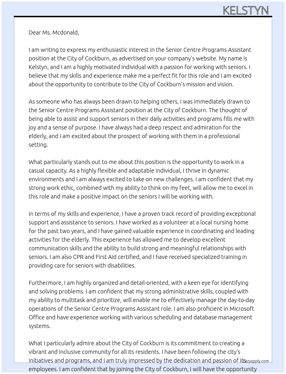 Cover letter for senior centre programs assistant - casual - LazyApply
