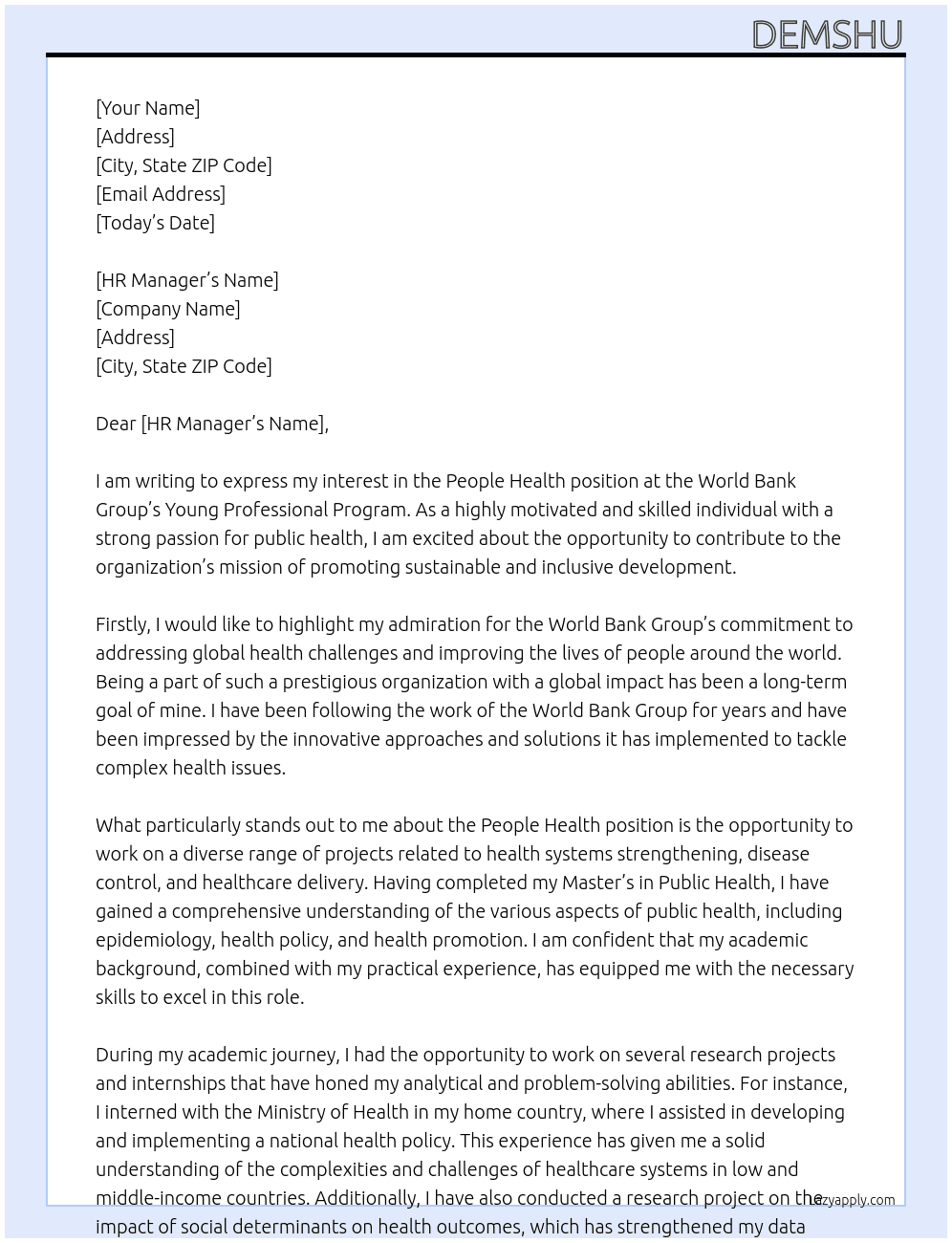 People health At World Bank Group's young professional Program Cover Letter