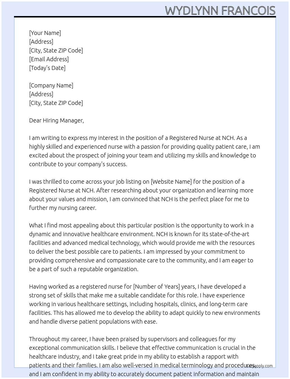 registered nurse At nch Cover Letter