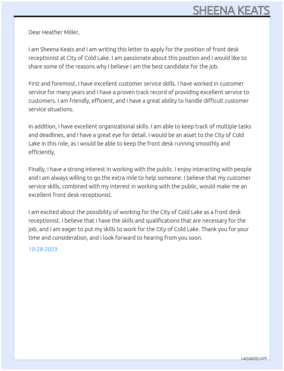 front desk receptionist At City of Cold Lake Cover Letter