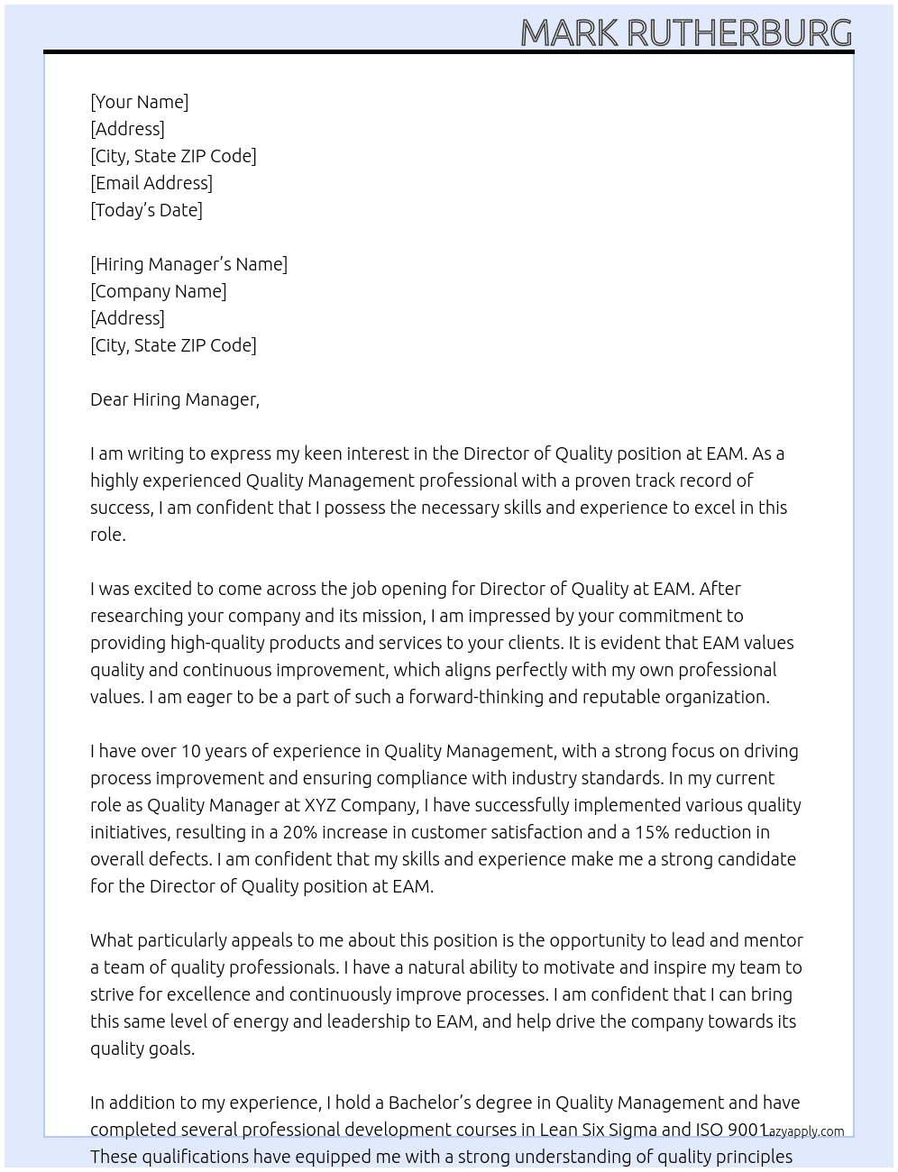 Directory of Quality At EAM Cover Letter