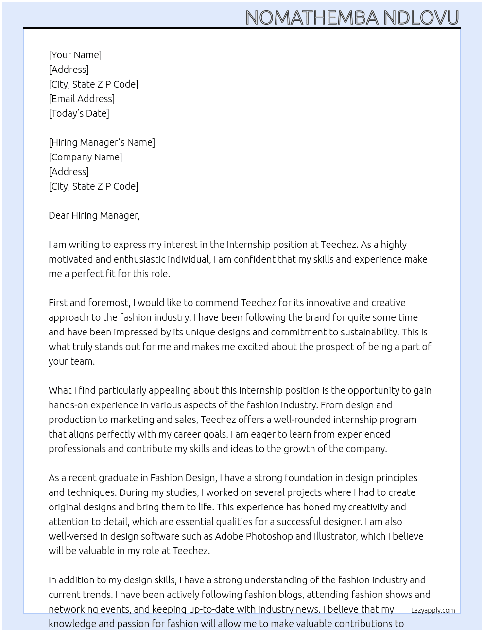 Internship  At Teechez Cover Letter