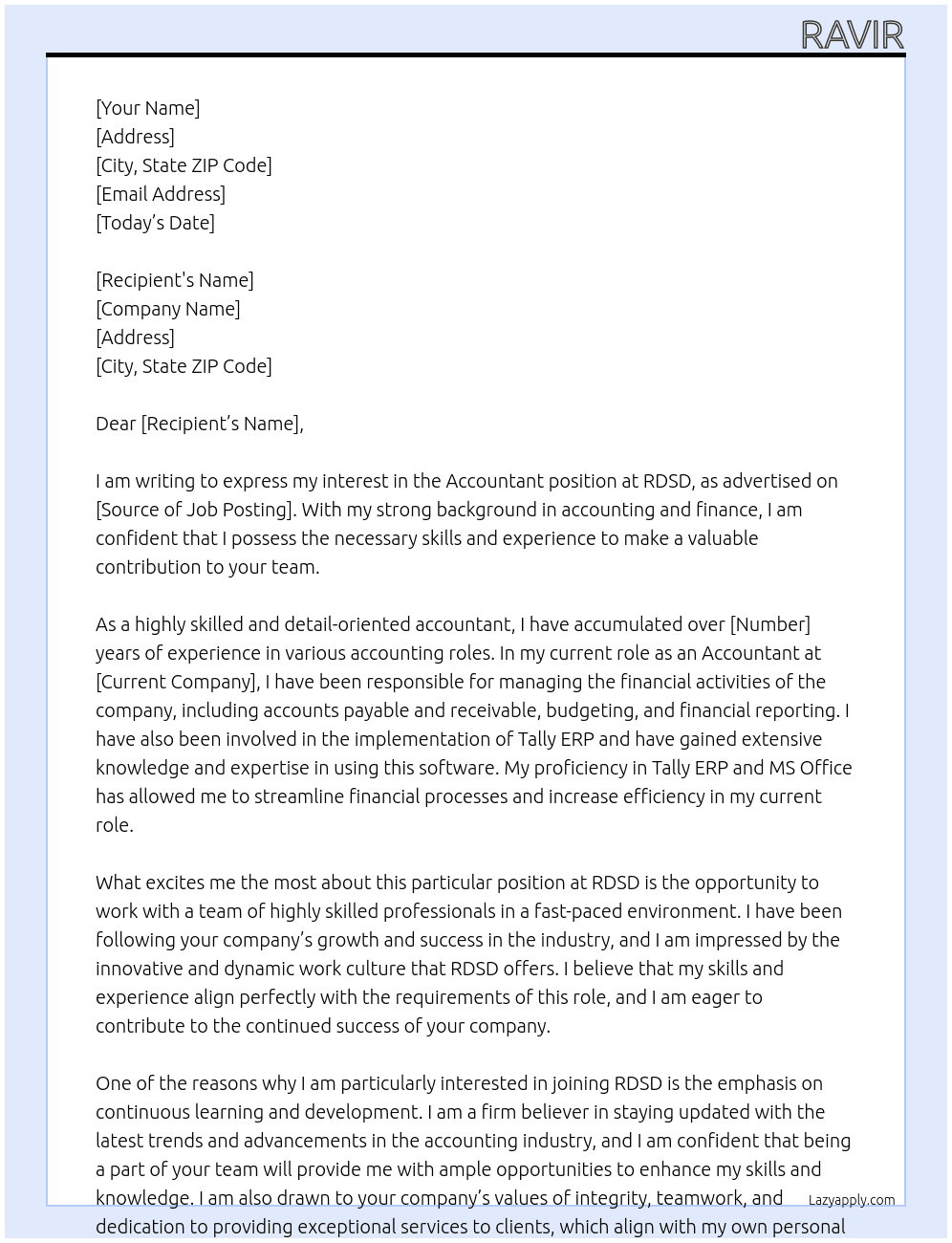 Accountant At RDSD Cover Letter