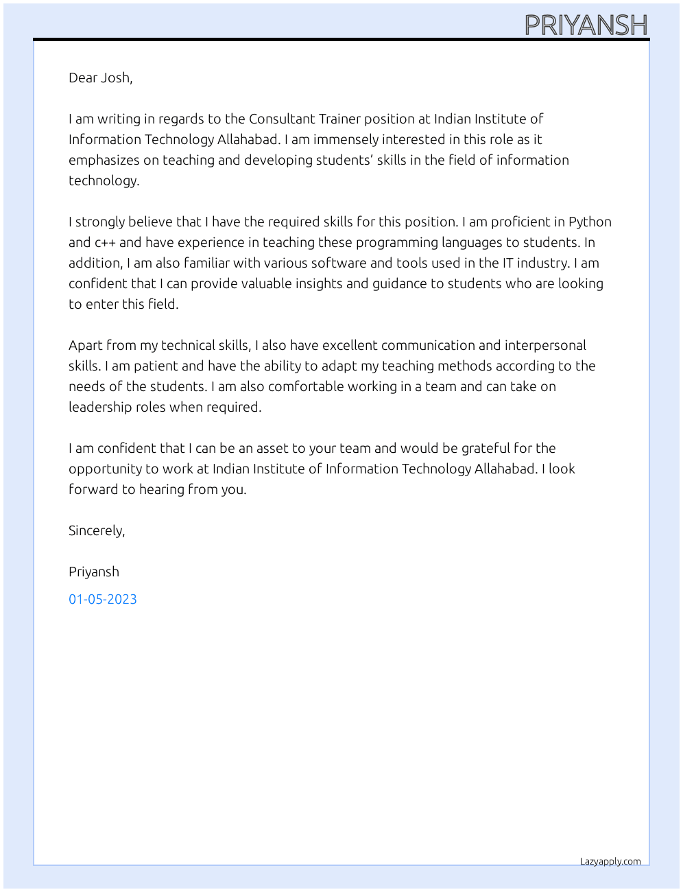 Consultant Trainer At Indian Institute of Information Technology Allahabad Cover Letter