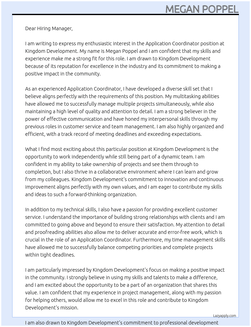 Application Coordinator  At Kingdom Development  Cover Letter