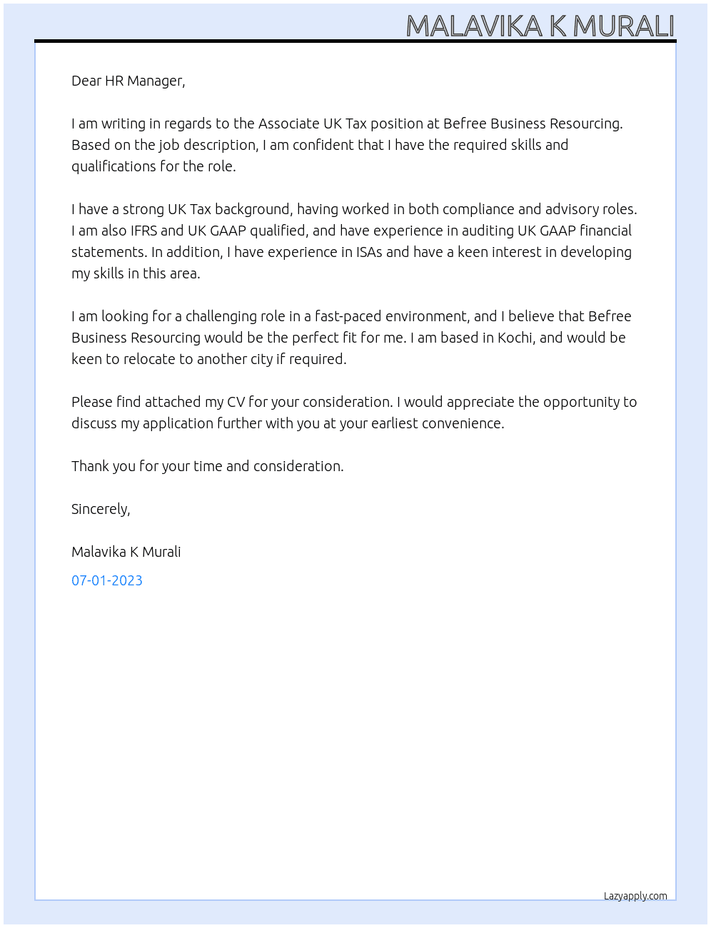 Associate UK Tax At Befree Business Resourcing Cover Letter