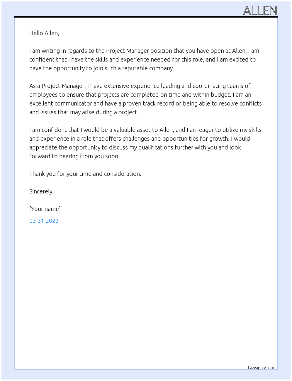 project manager At allen Cover Letter