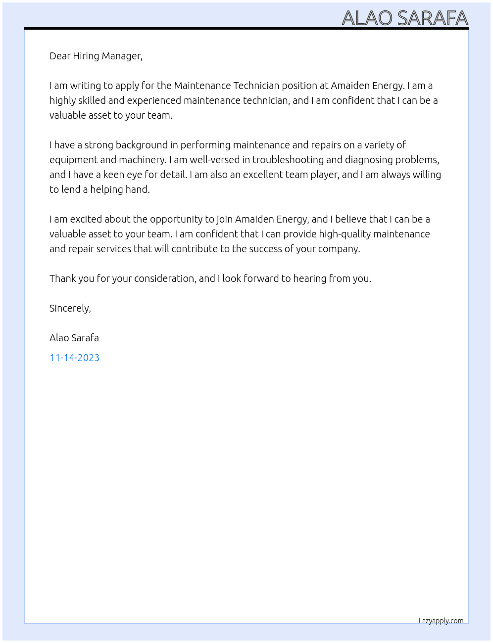Maintenance technician  At Amaiden Energy Cover Letter