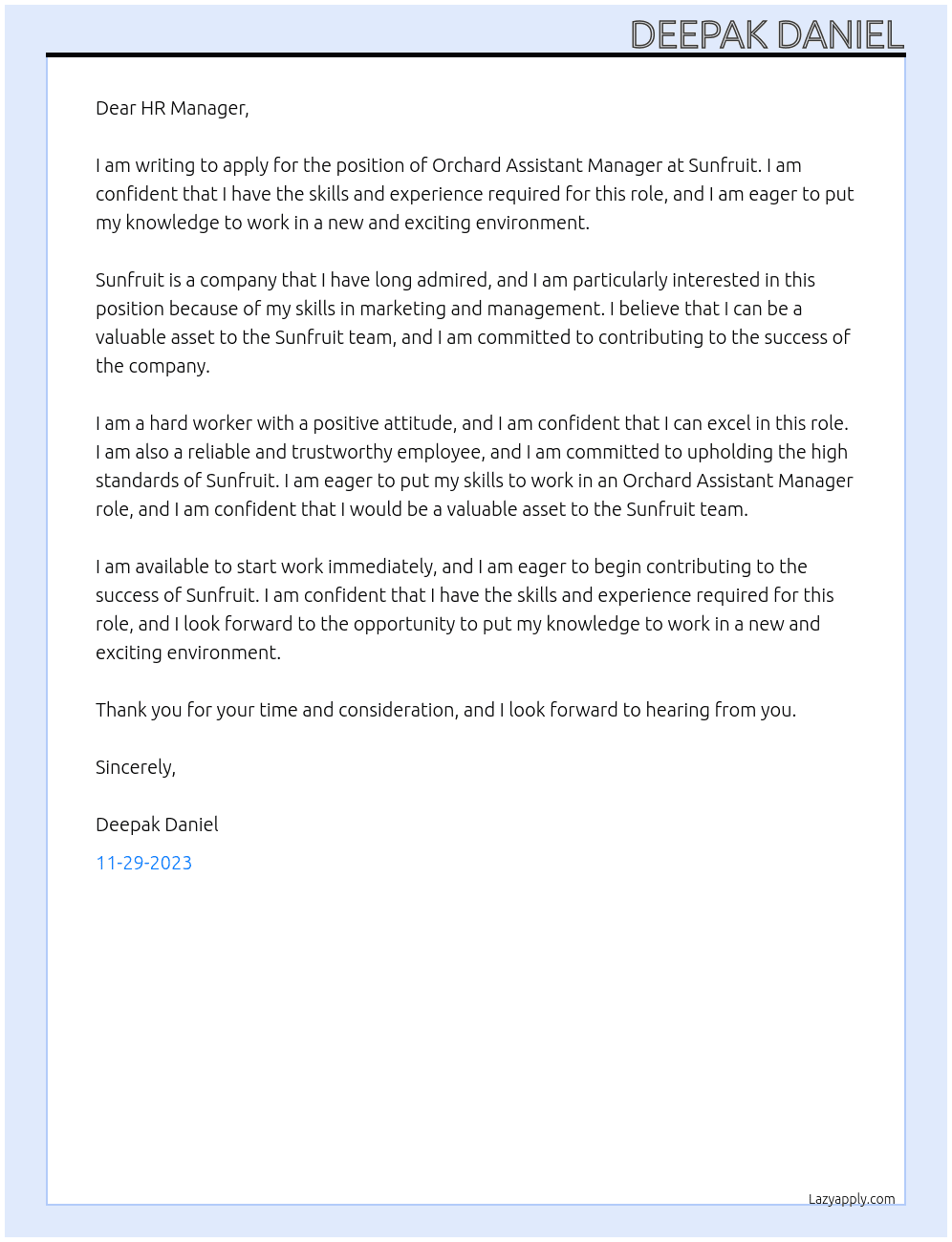 Orchard Assistant Manager At Sunfruit,  Cover Letter