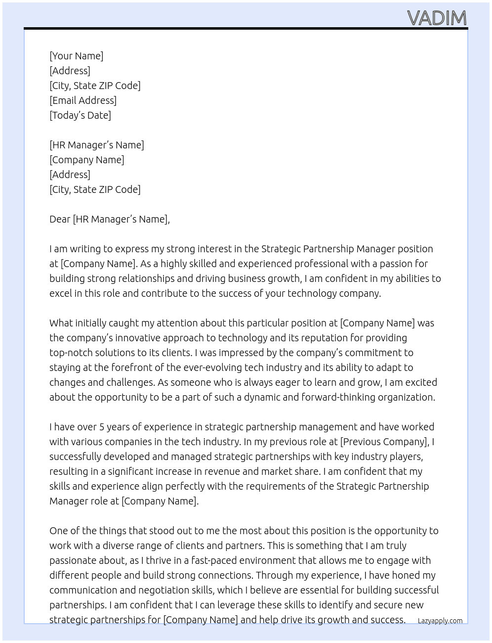 Strategic Partnership Manager At technology company Cover Letter