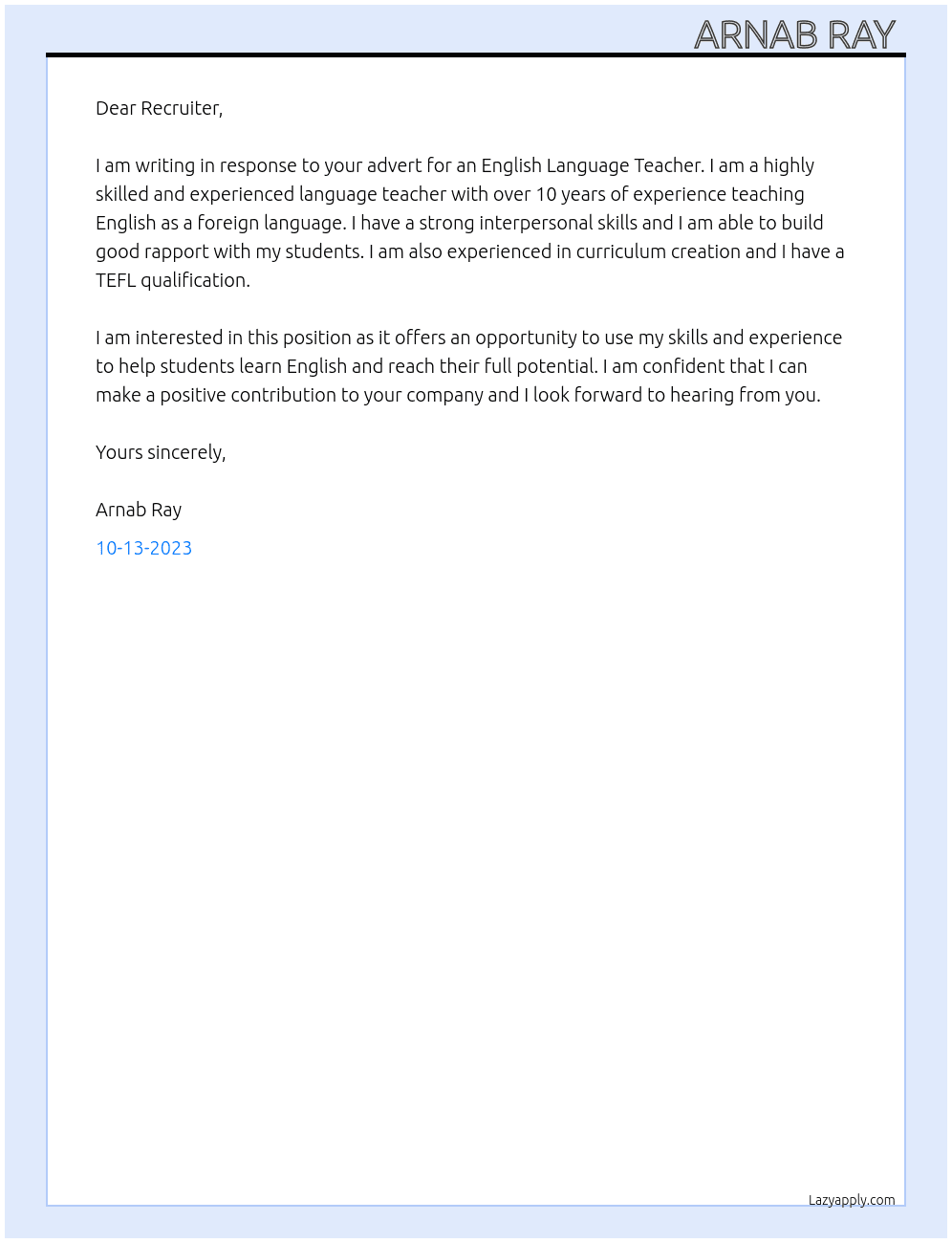 English Language Teacher At Required Cover Letter