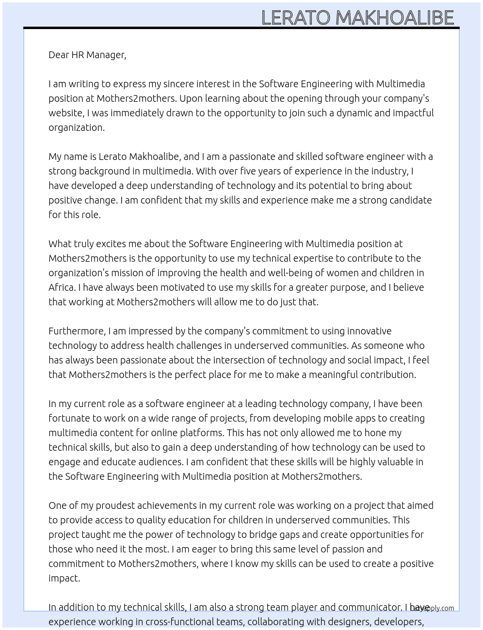 Software engineering with multimedia  At Mothers2mothers Cover Letter