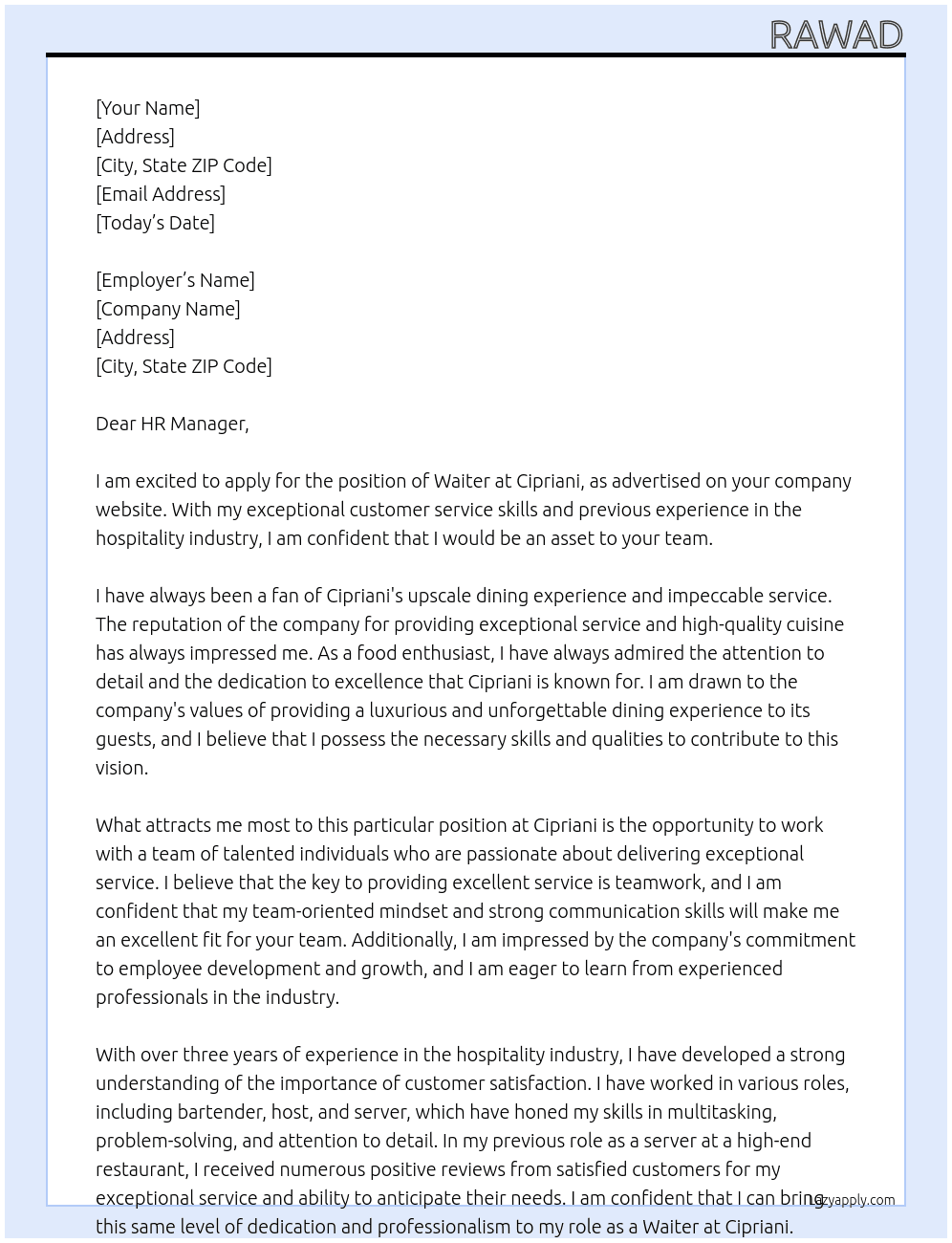 Waiter At Cipriani Cover Letter