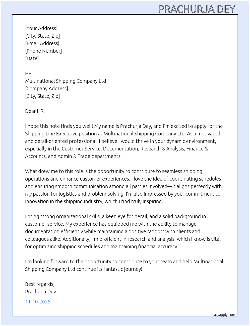 Shipping Line Executive   At Multinational Shipping Company Ltd Cover Letter