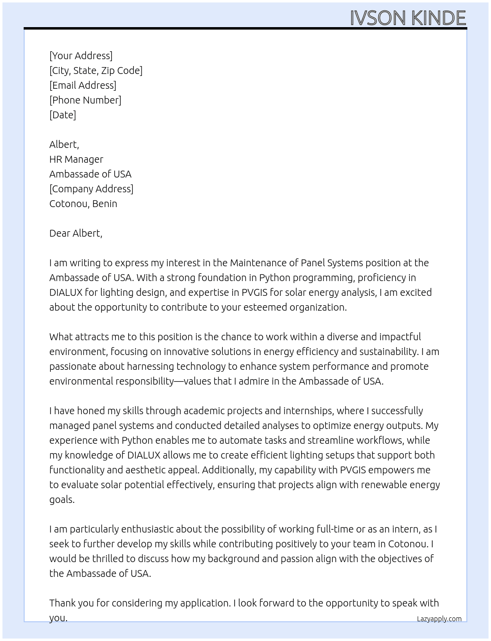 Maintenance of panels systems At Ambassade of USA Cover Letter
