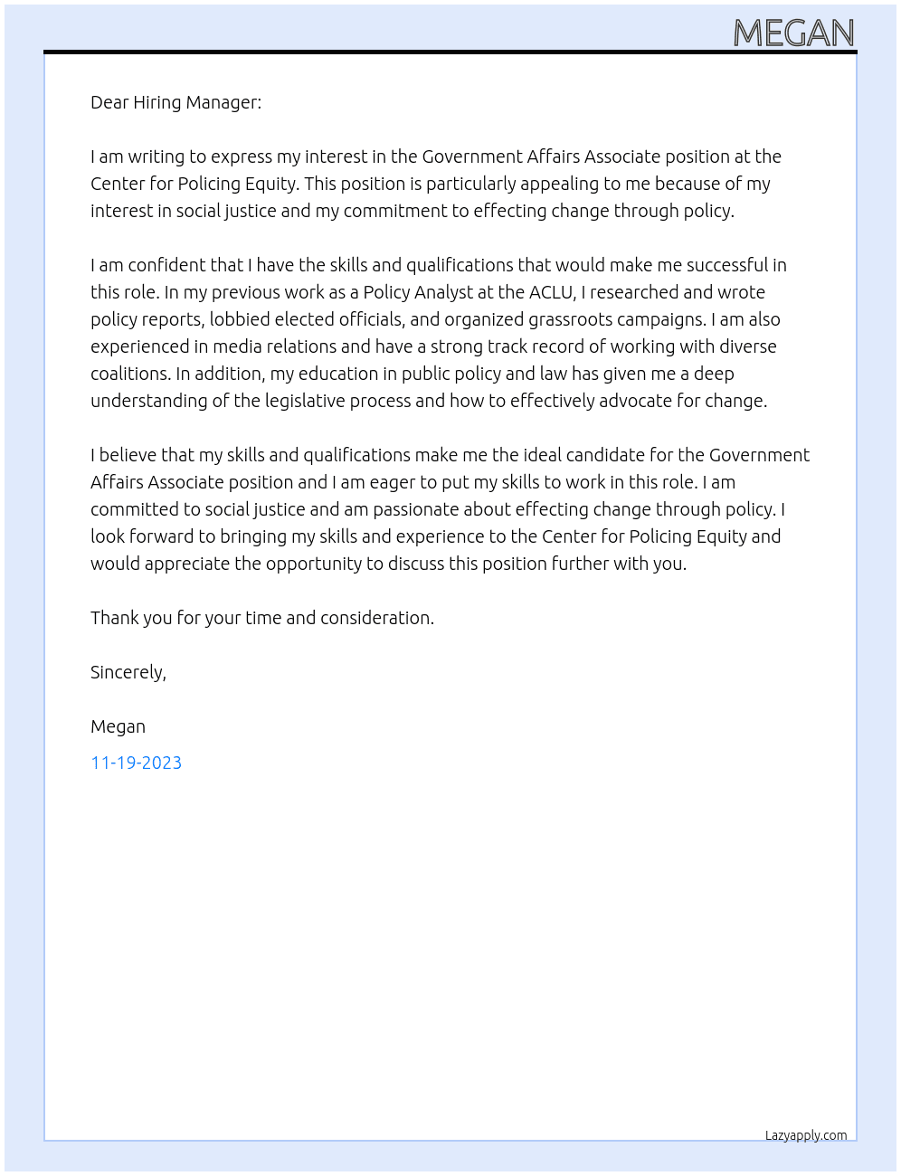 government affairs associate At Center for Policing Equity Cover Letter
