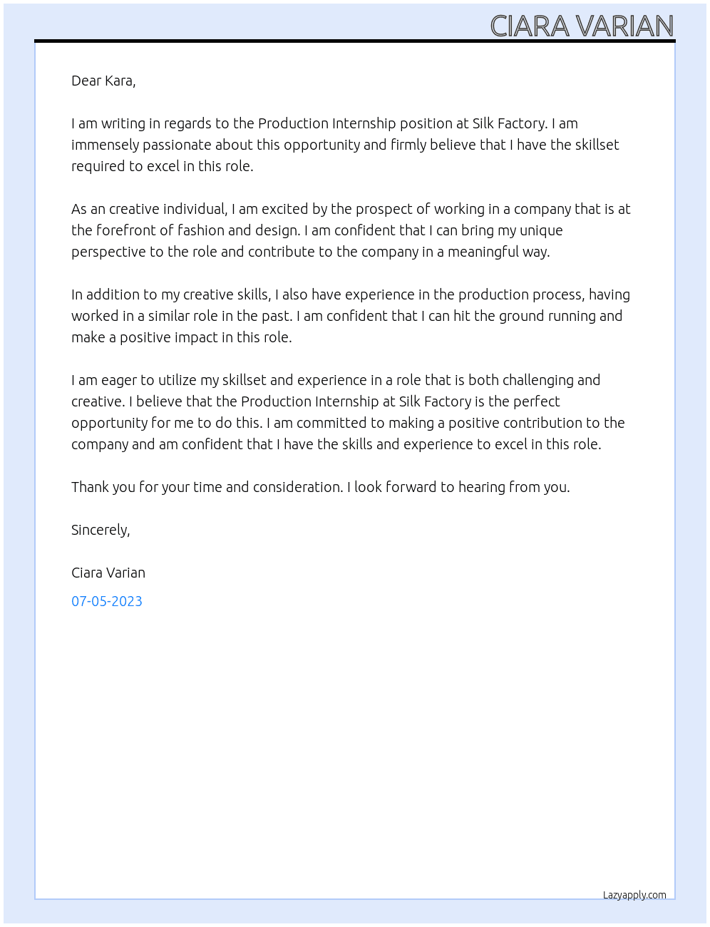 Production Internship At Silk Factory  Cover Letter